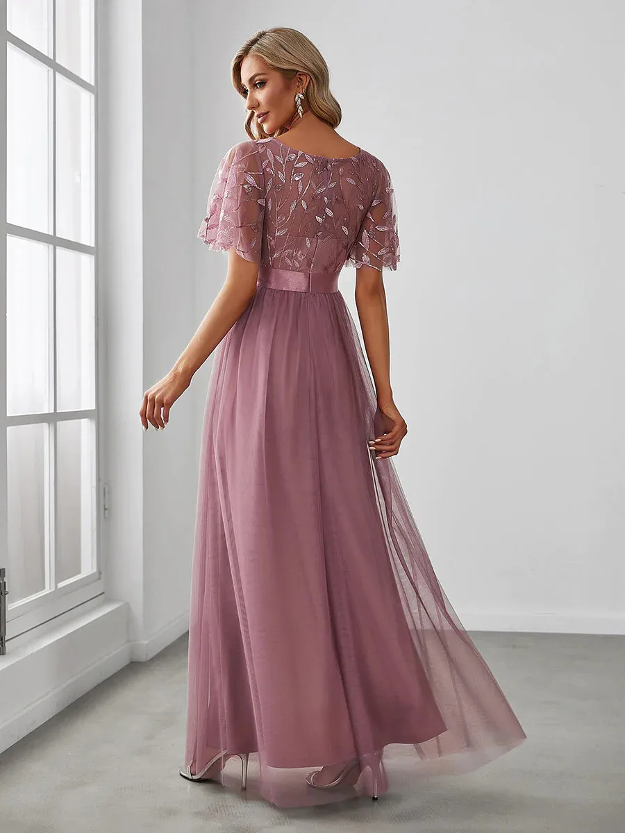 Sequin Print Floor-length Bridesmaid Dress with Cap Sleeve