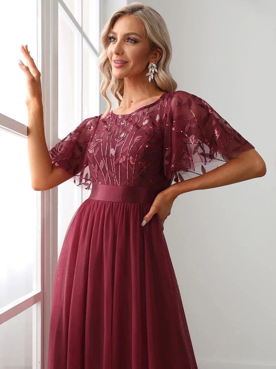 Sequin Print Floor-length Bridesmaid Dress with Cap Sleeve