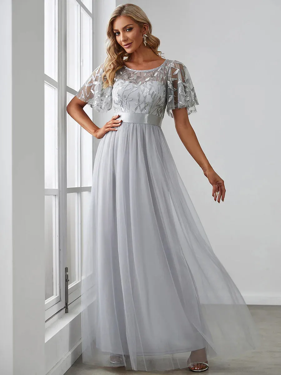 Sequin Print Floor-length Bridesmaid Dress with Cap Sleeve