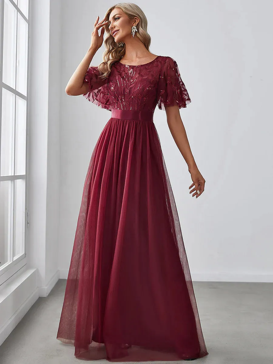 Sequin Print Floor-length Bridesmaid Dress with Cap Sleeve