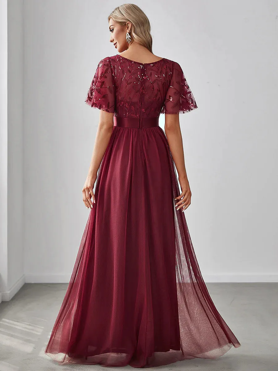 Sequin Print Floor-length Bridesmaid Dress with Cap Sleeve