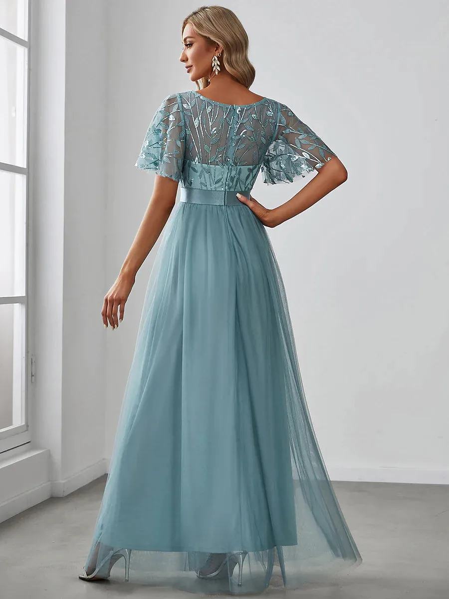 Sequin Print Floor-length Bridesmaid Dress with Cap Sleeve