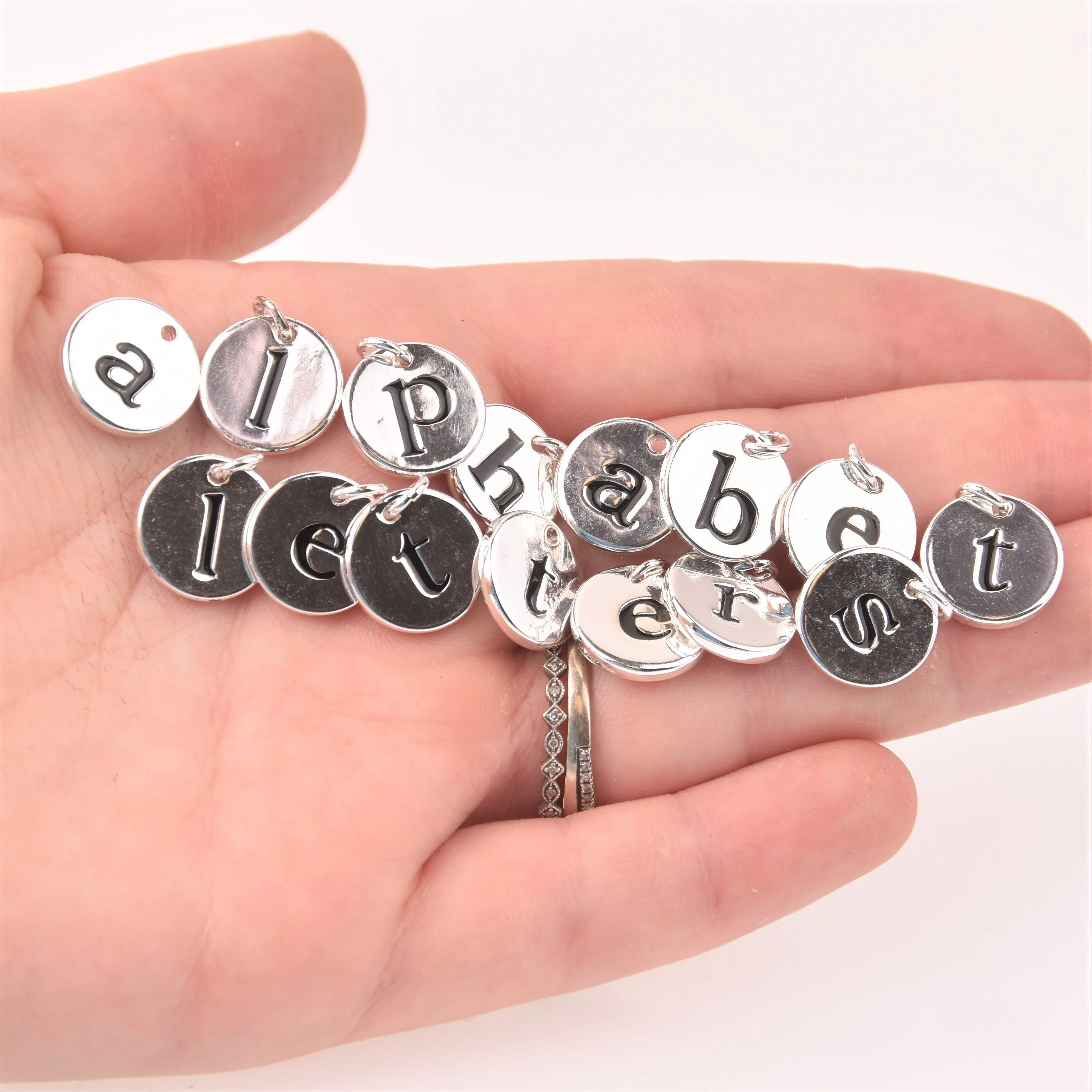 Silver Alphabet Letter Charms, 13mm 1/2 Bright Silver Plated Initial Pendants