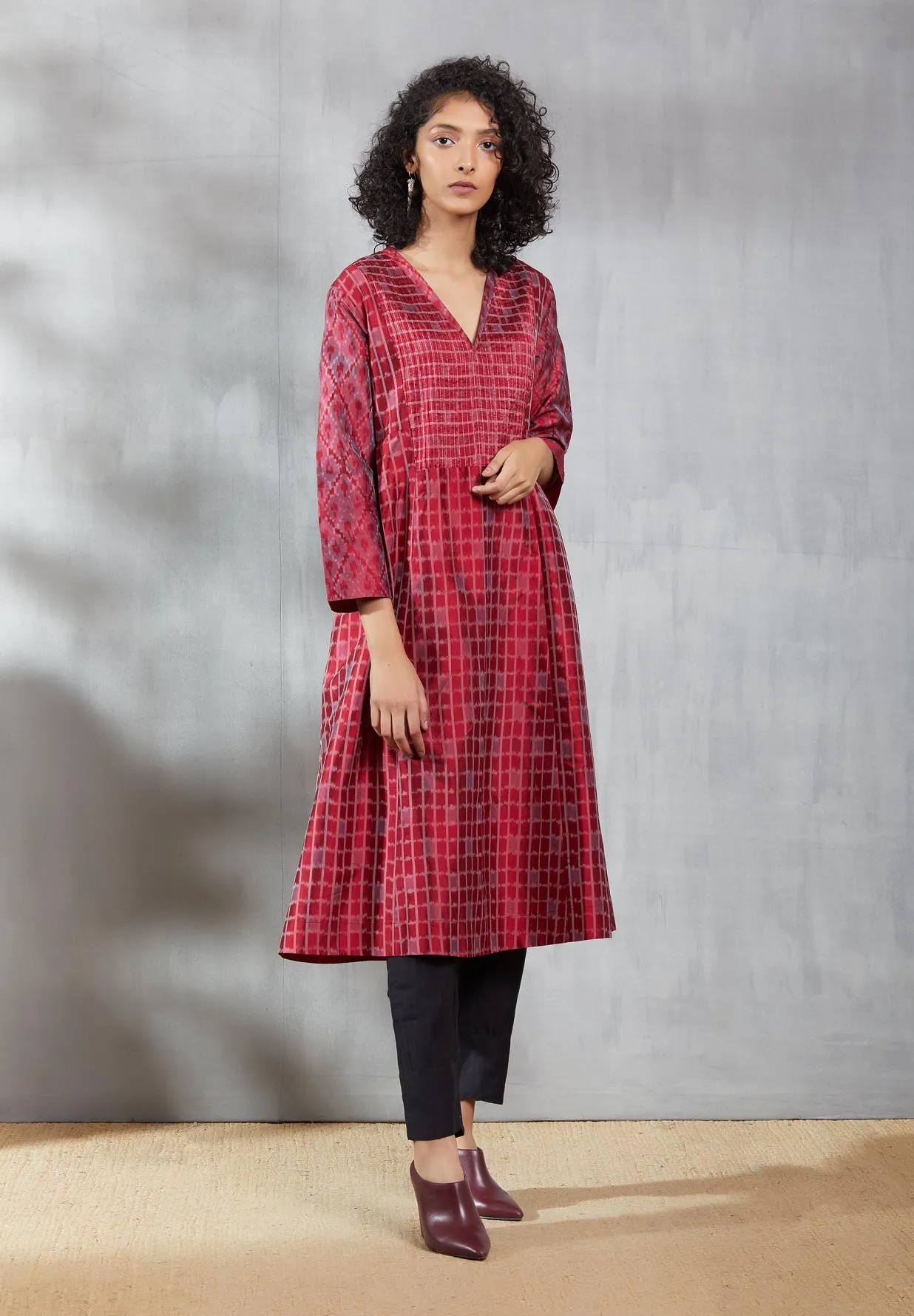 Surkh Checkerboard Silk Ikat Kurta