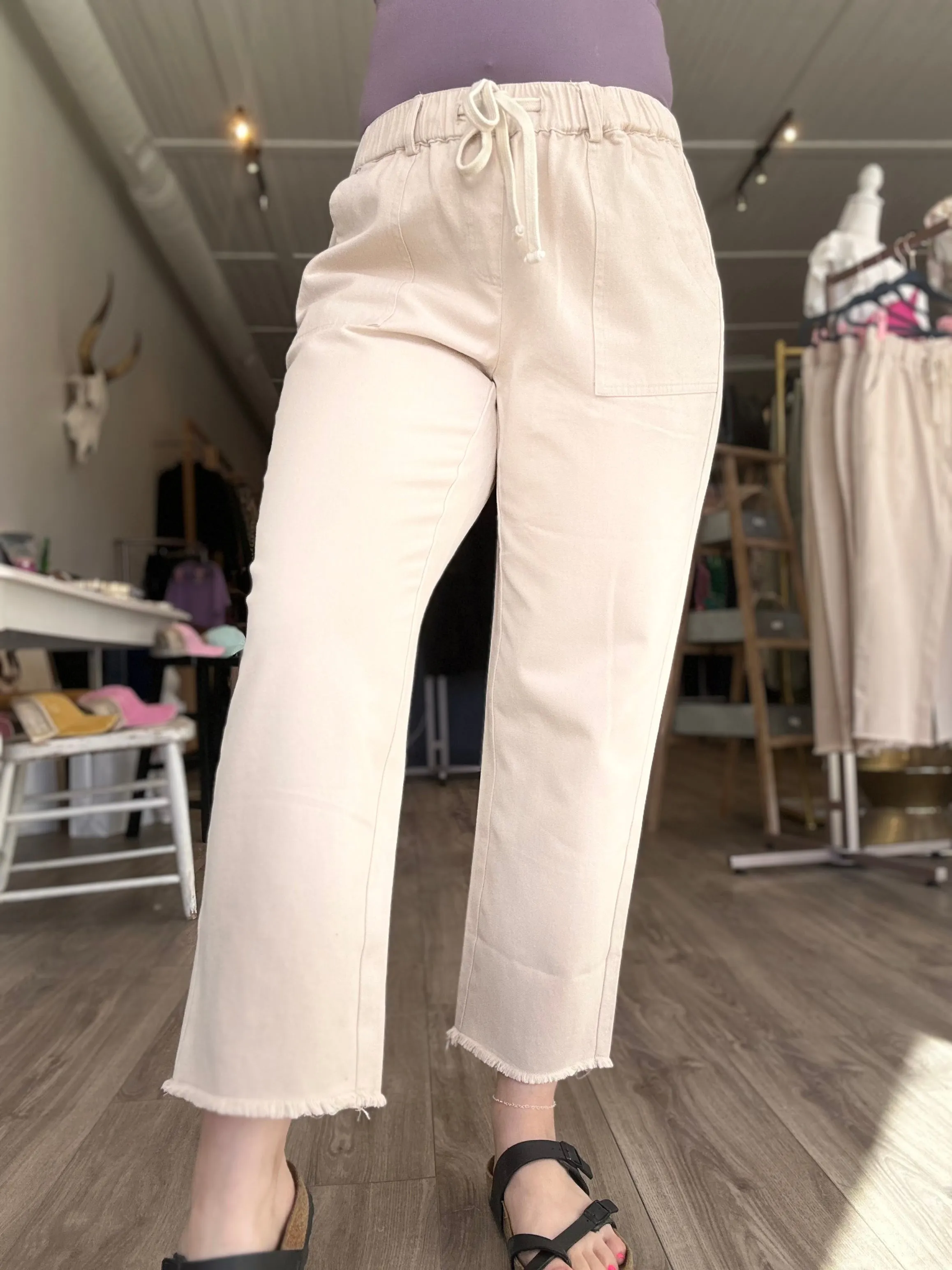 Tan Drawstring Raw Hem Pants