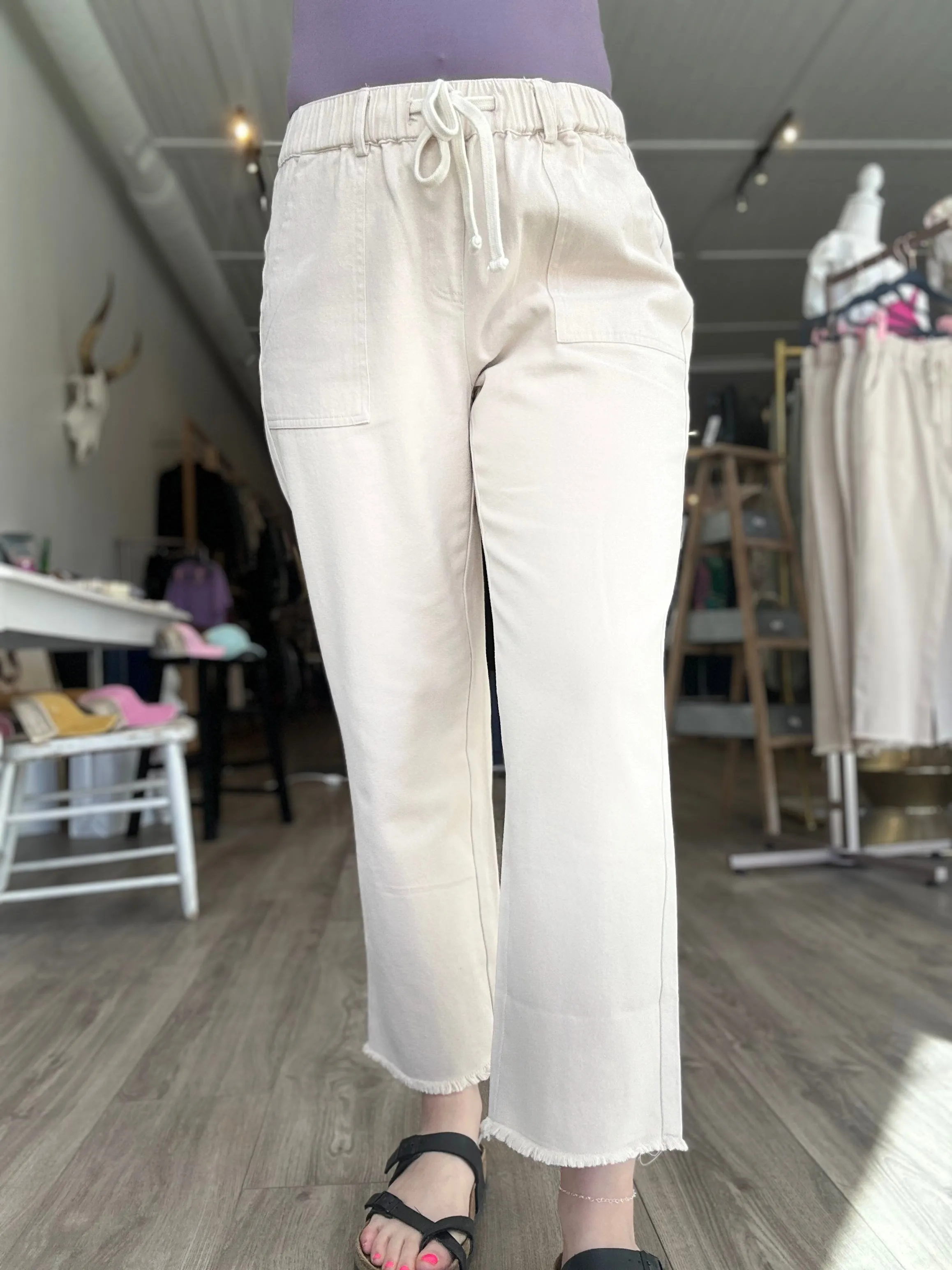 Tan Drawstring Raw Hem Pants