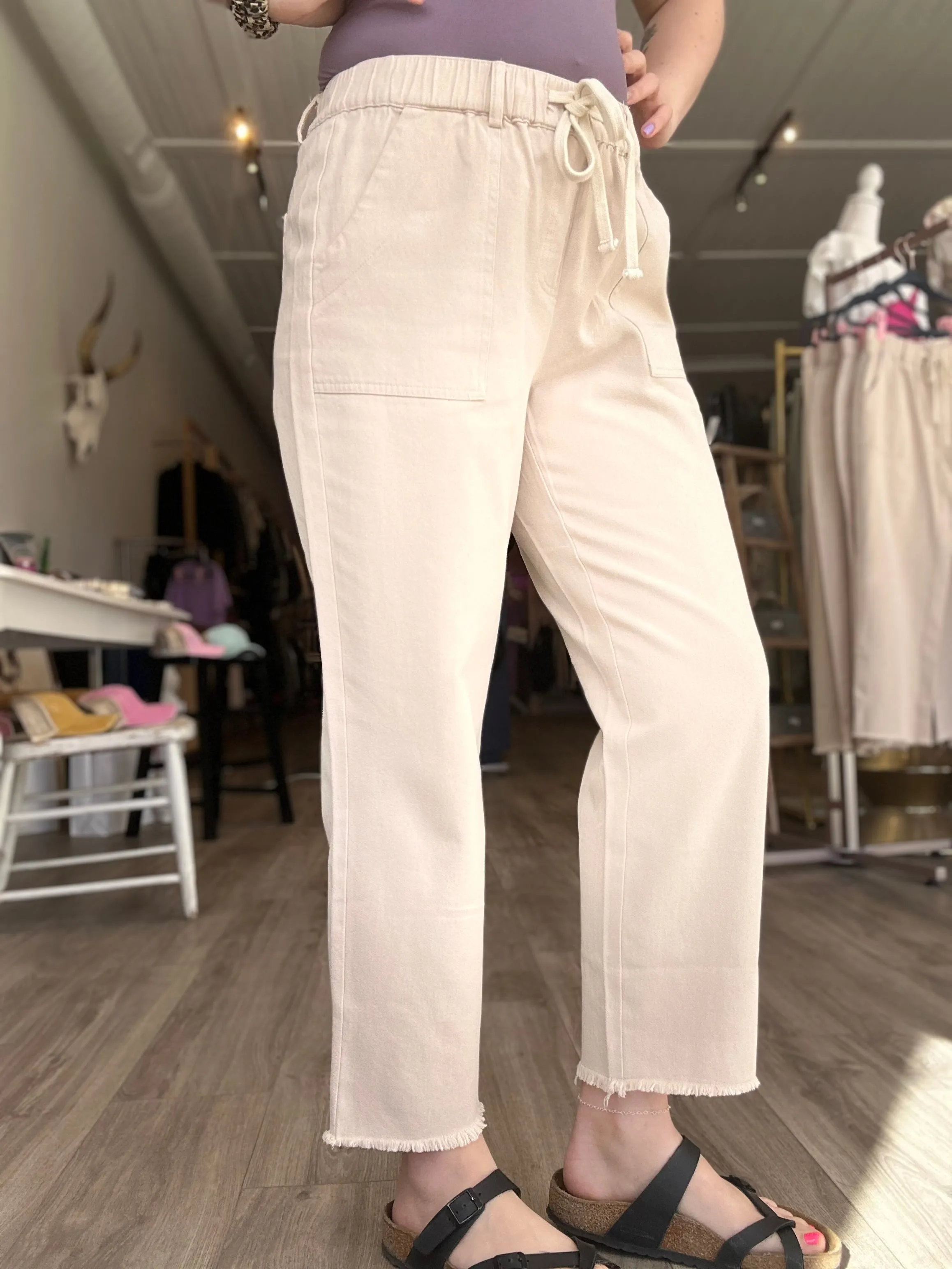 Tan Drawstring Raw Hem Pants