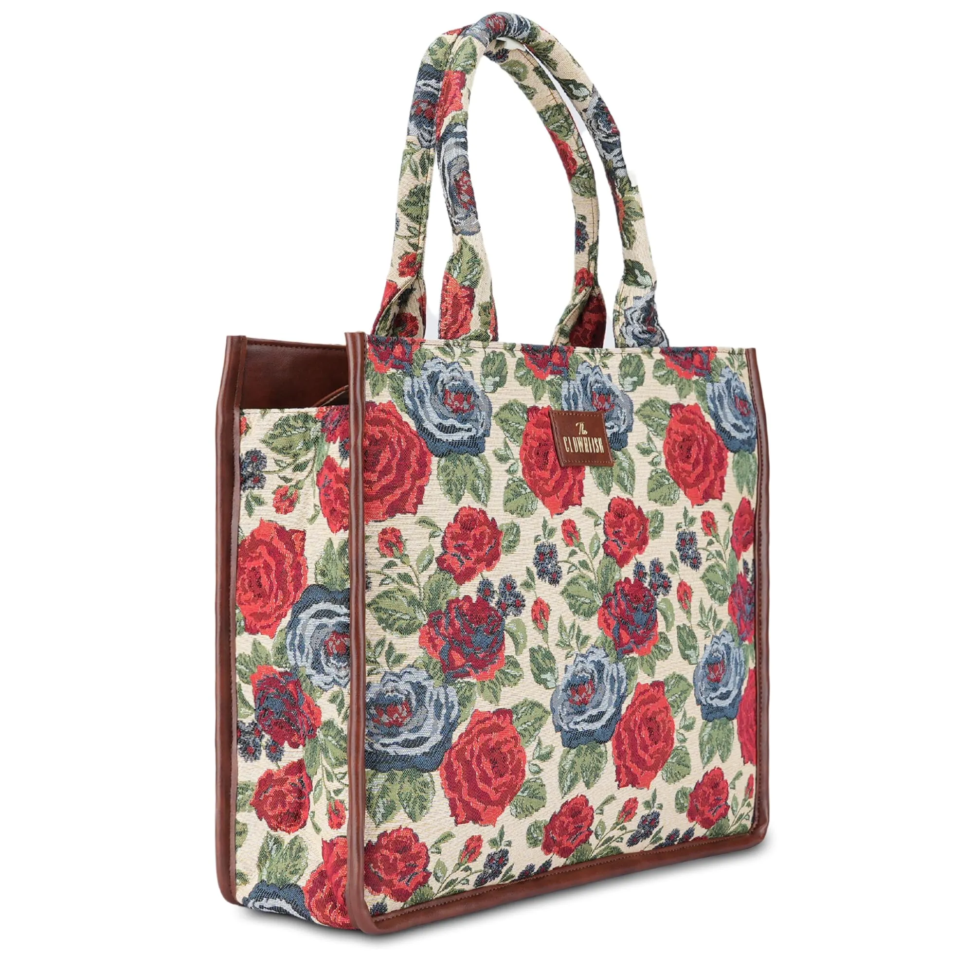 THE CLOWNFISH Ambrosia Series Tapestry Fabric 14 inch Laptop Bag Handbag For Women Box Bag Tote Office Bag (Red-Floral)