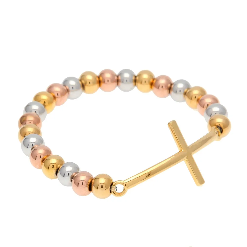 Tri-Color 8mm Stainless Steel Sideways Cross Religious Bracelet