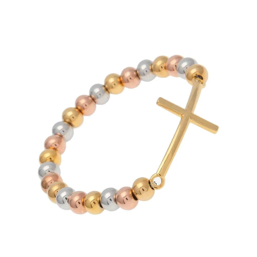 Tri-Color 8mm Stainless Steel Sideways Cross Religious Bracelet