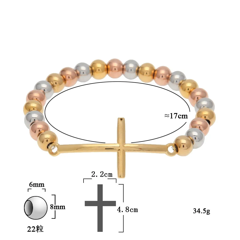 Tri-Color 8mm Stainless Steel Sideways Cross Religious Bracelet