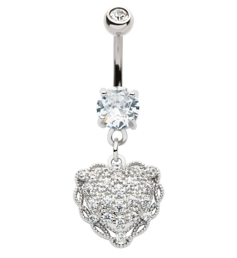 Twist Heart Pave Clear CZ Dangle Stainless Steel Belly Button Ring