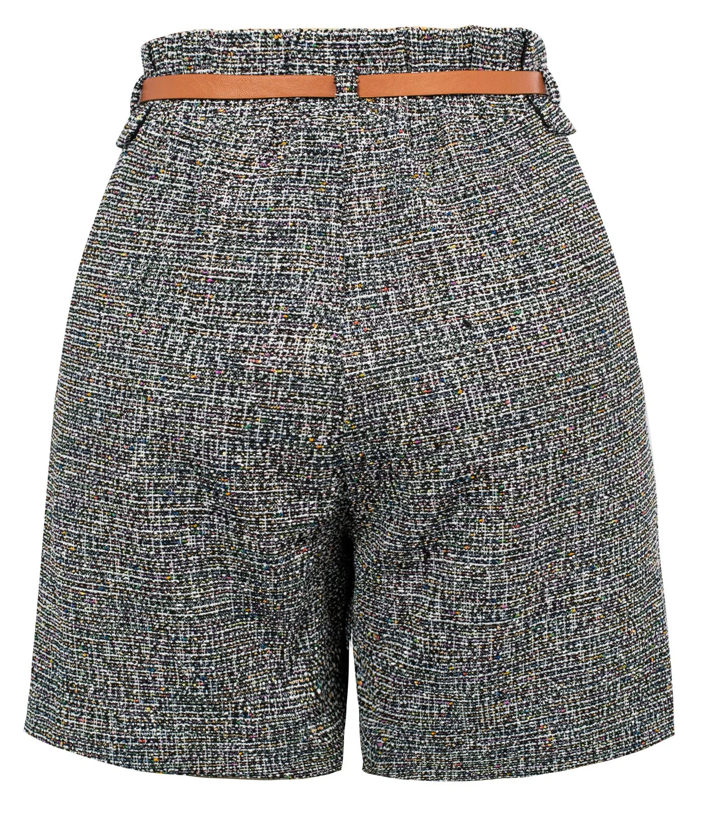 Vintage Tweed Shorts with Belt Elastic Waist Fold-up Leg Opening Shorts