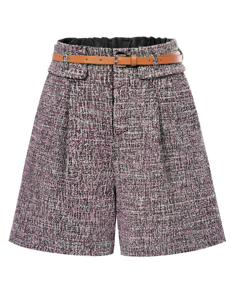 Vintage Tweed Shorts with Belt Elastic Waist Fold-up Leg Opening Shorts