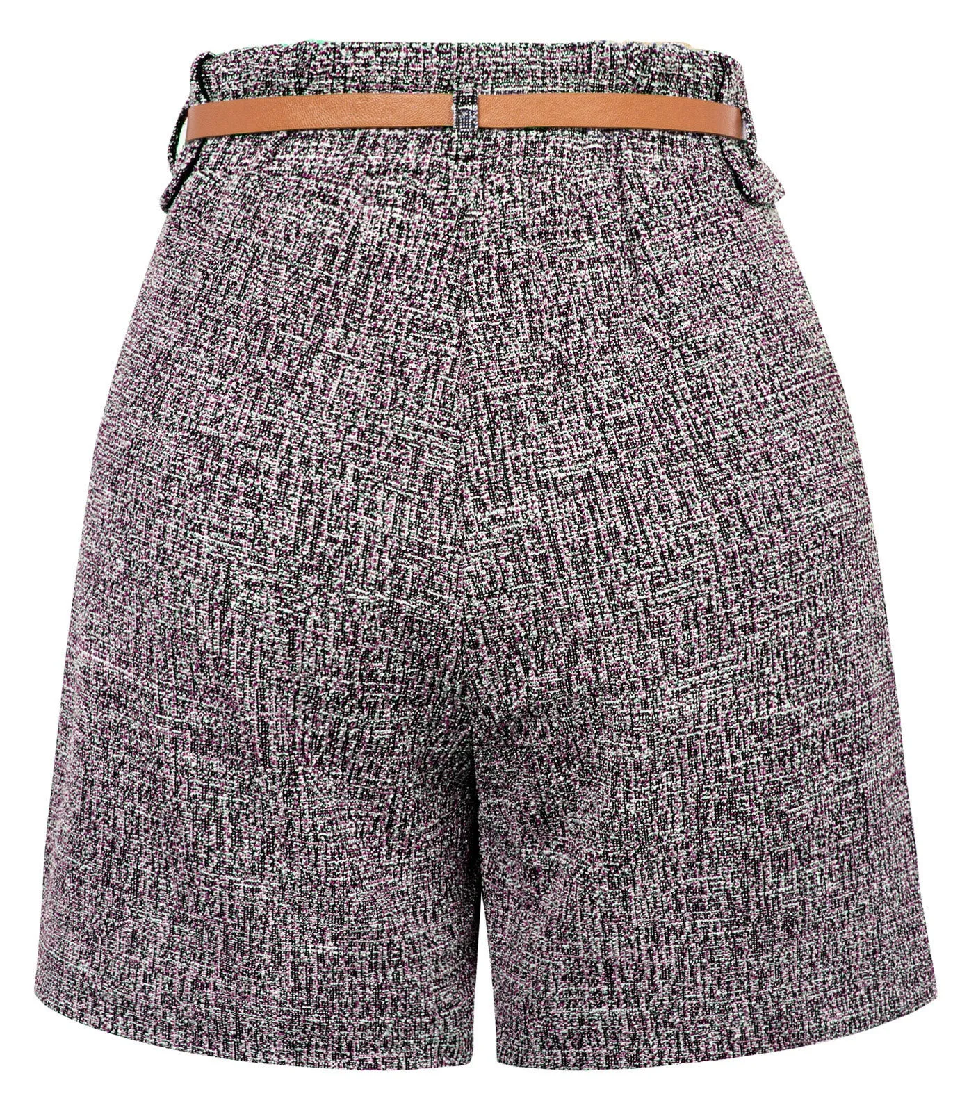 Vintage Tweed Shorts with Belt Elastic Waist Fold-up Leg Opening Shorts