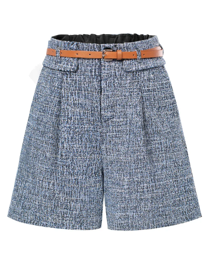 Vintage Tweed Shorts with Belt Elastic Waist Fold-up Leg Opening Shorts