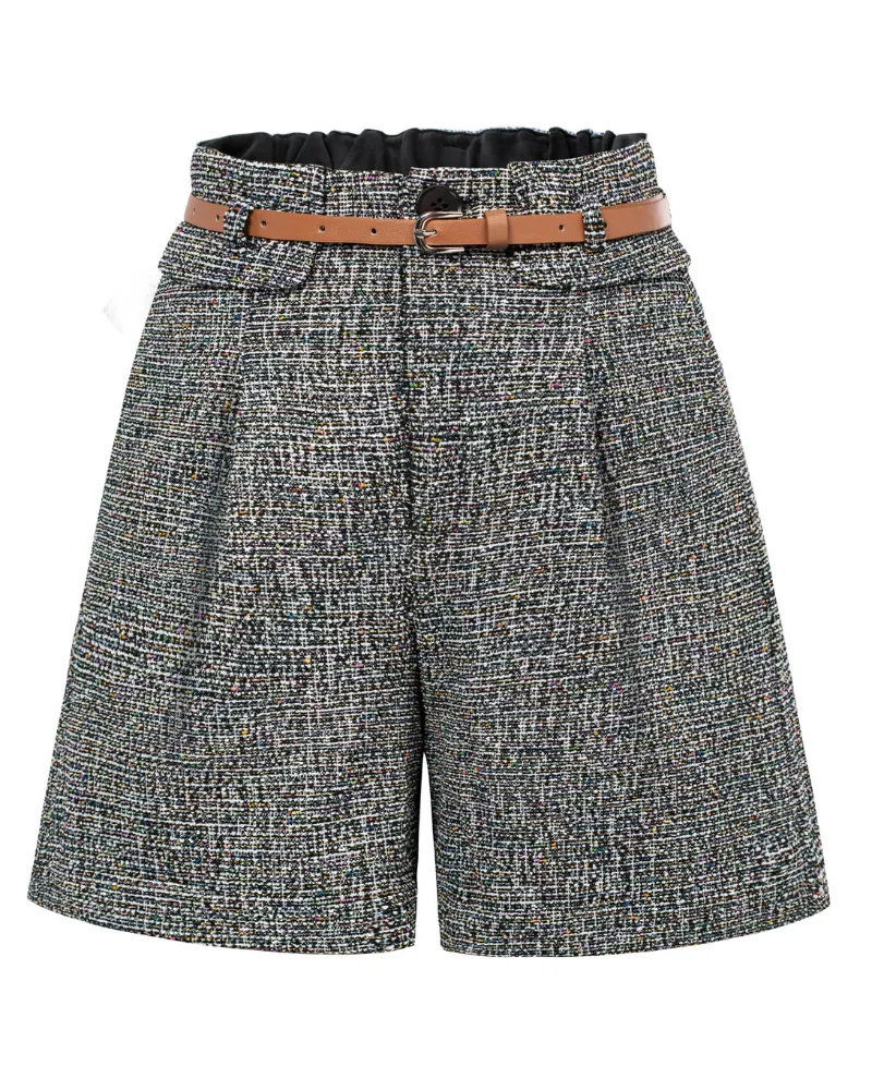 Vintage Tweed Shorts with Belt Elastic Waist Fold-up Leg Opening Shorts