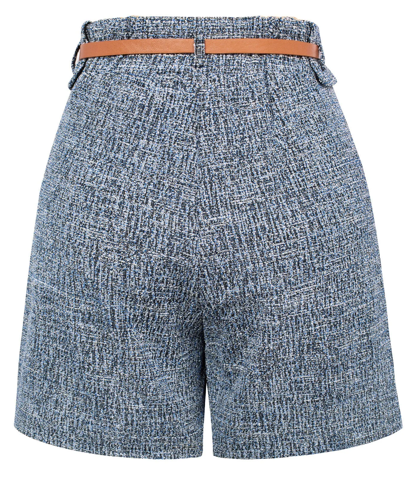 Vintage Tweed Shorts with Belt Elastic Waist Fold-up Leg Opening Shorts