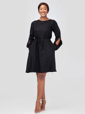 Vivo Tunu Long Slit Sleeve Knee Length Shift Dress - Black