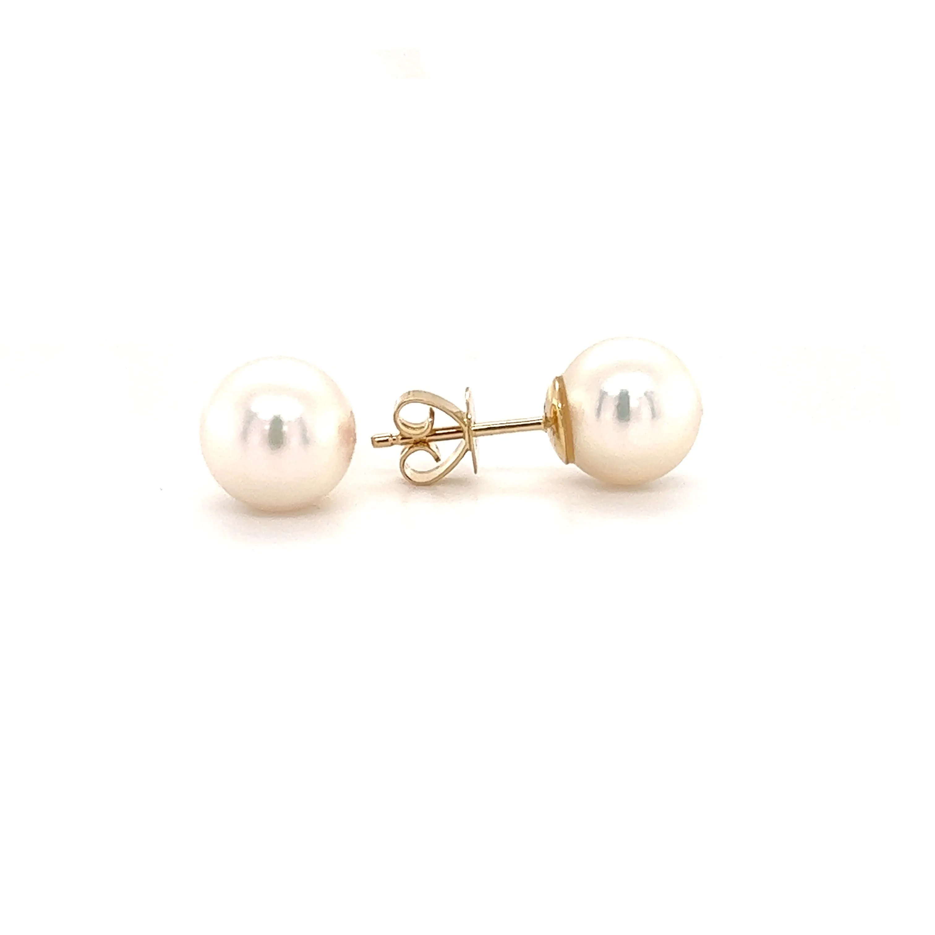 White Pearl Stud 8.5mm Earrings in 14K Yellow Gold