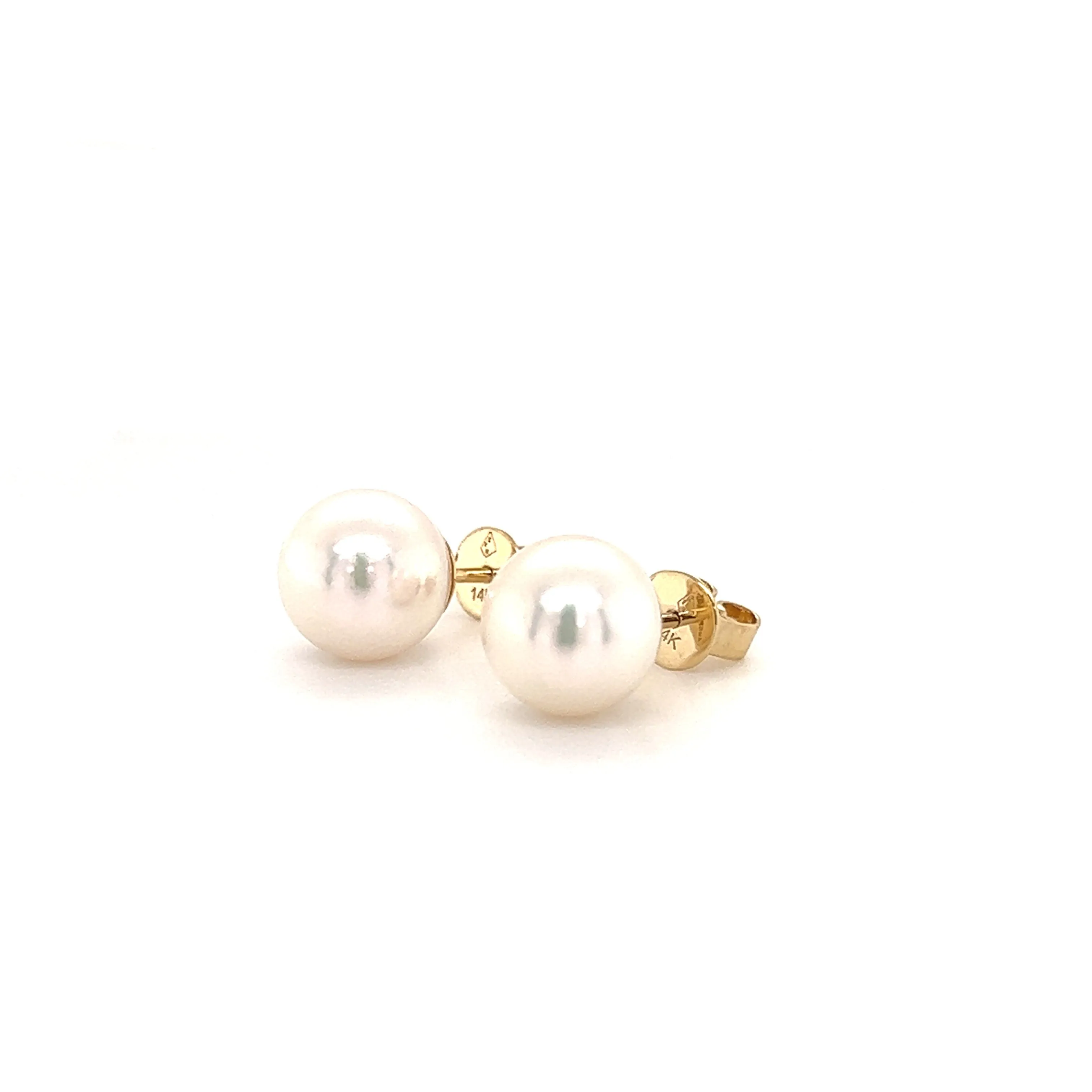 White Pearl Stud 8.5mm Earrings in 14K Yellow Gold