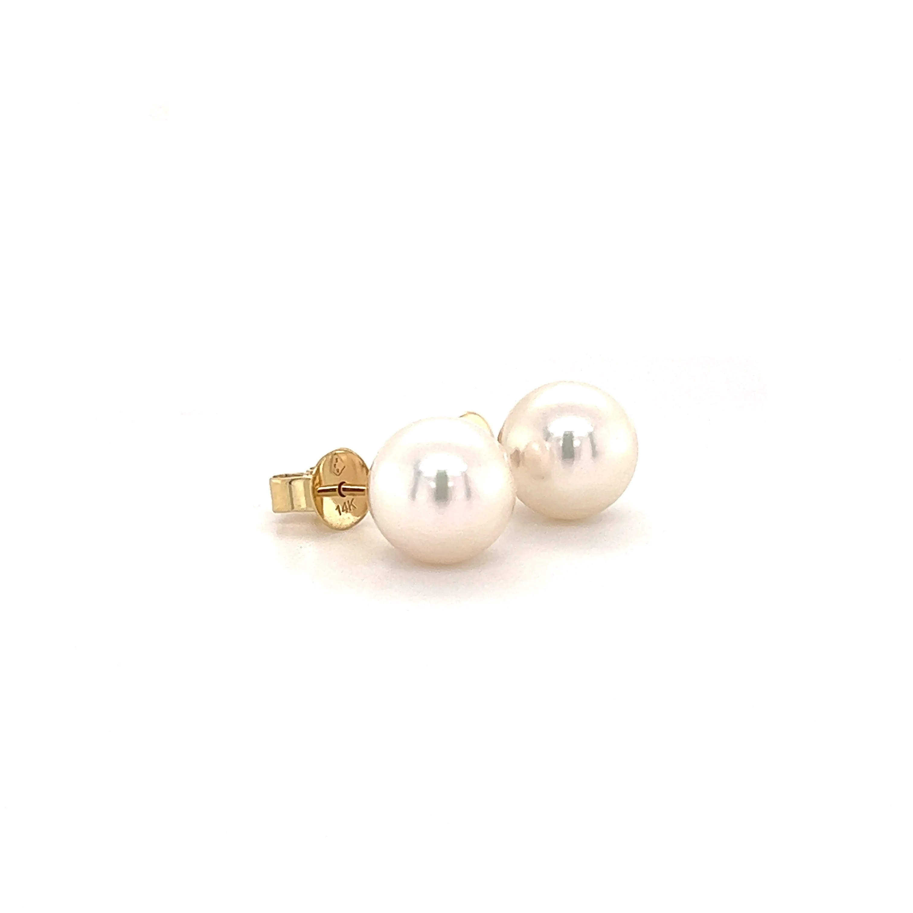 White Pearl Stud 8.5mm Earrings in 14K Yellow Gold