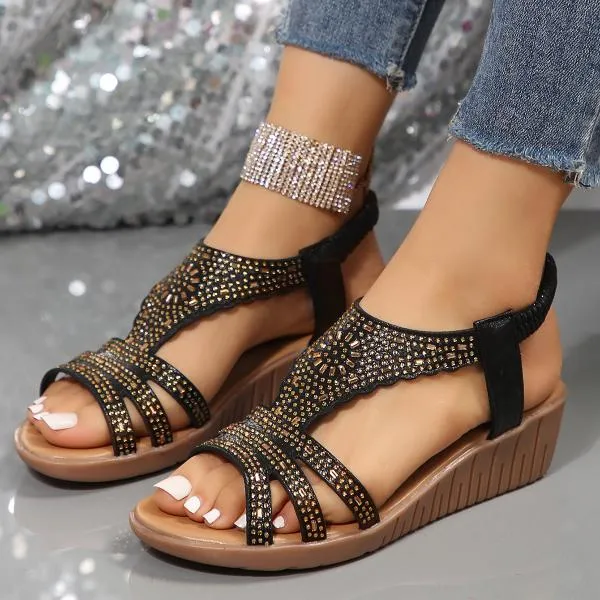 Women's Bohemian Rhinestone Elastic Wedge Sandals 37419249S