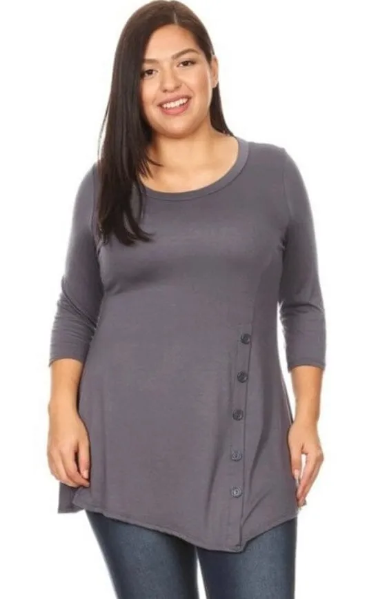 Womens Plus Size Gray Top | High-low Hem Side Button Shirt