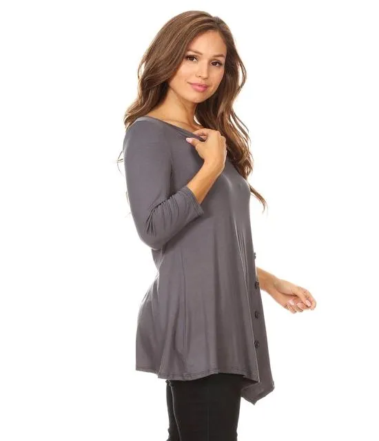 Womens Plus Size Gray Top | High-low Hem Side Button Shirt