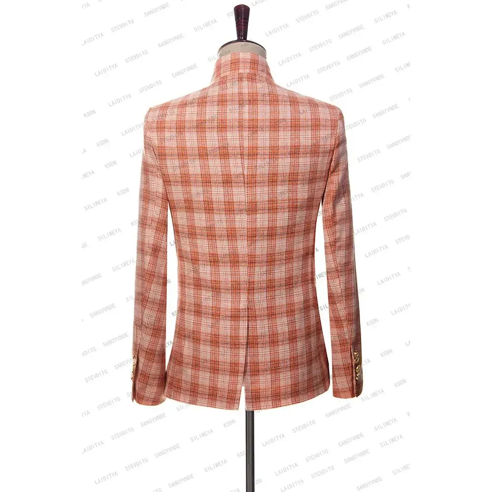 Xituodai 2024 Latest Men Standing Collar Linen Set Business Fashion Orange Classic Plaid Slim Fit Tuxedo Wedding 3 Pcs Jacket Vest Pants